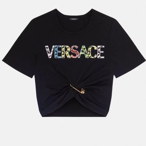 Versace Safety Pin Embroidered Logo Crop T shirt in Black